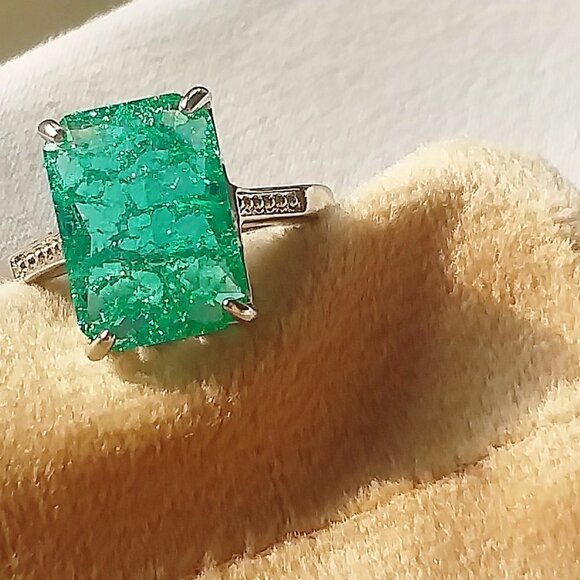 Aqua Zirconia Green Cushion Rectangle Crystal Stone Charm Ring - Picture 3 of 5